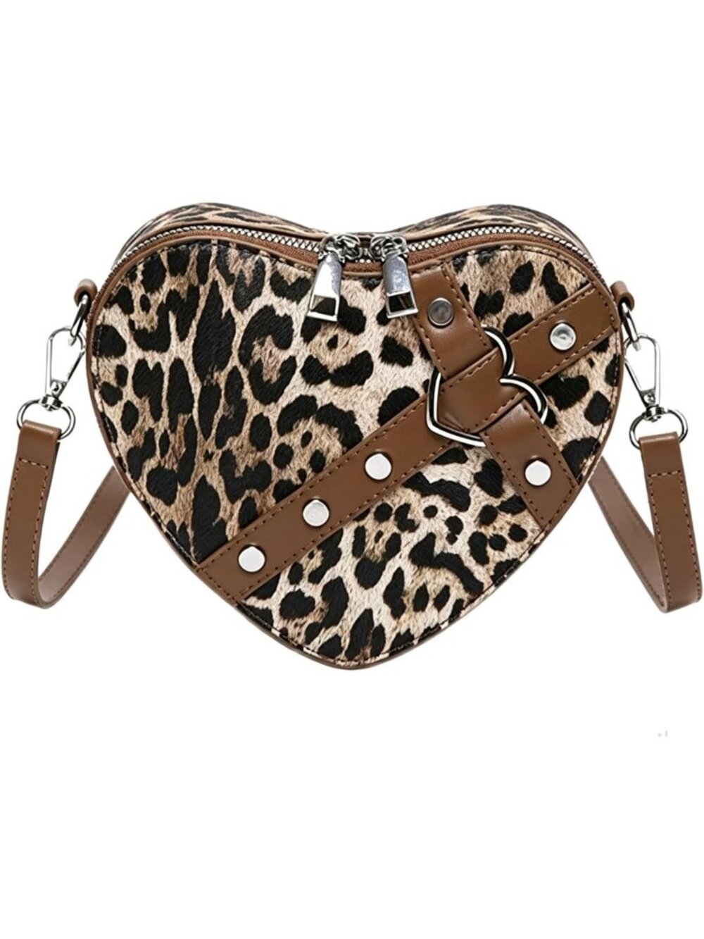 Leopard Heart Shaped Crossbody Bag, Mini Y2K Cheetah Print PU Leather Purse